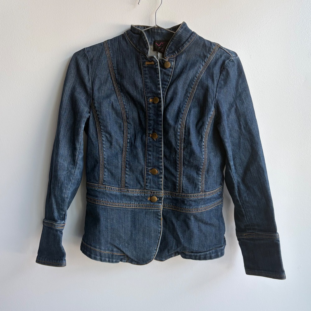 VS2 by Vakko Denim Jacket Dark Wash Button Up Mock Neck Women Small
